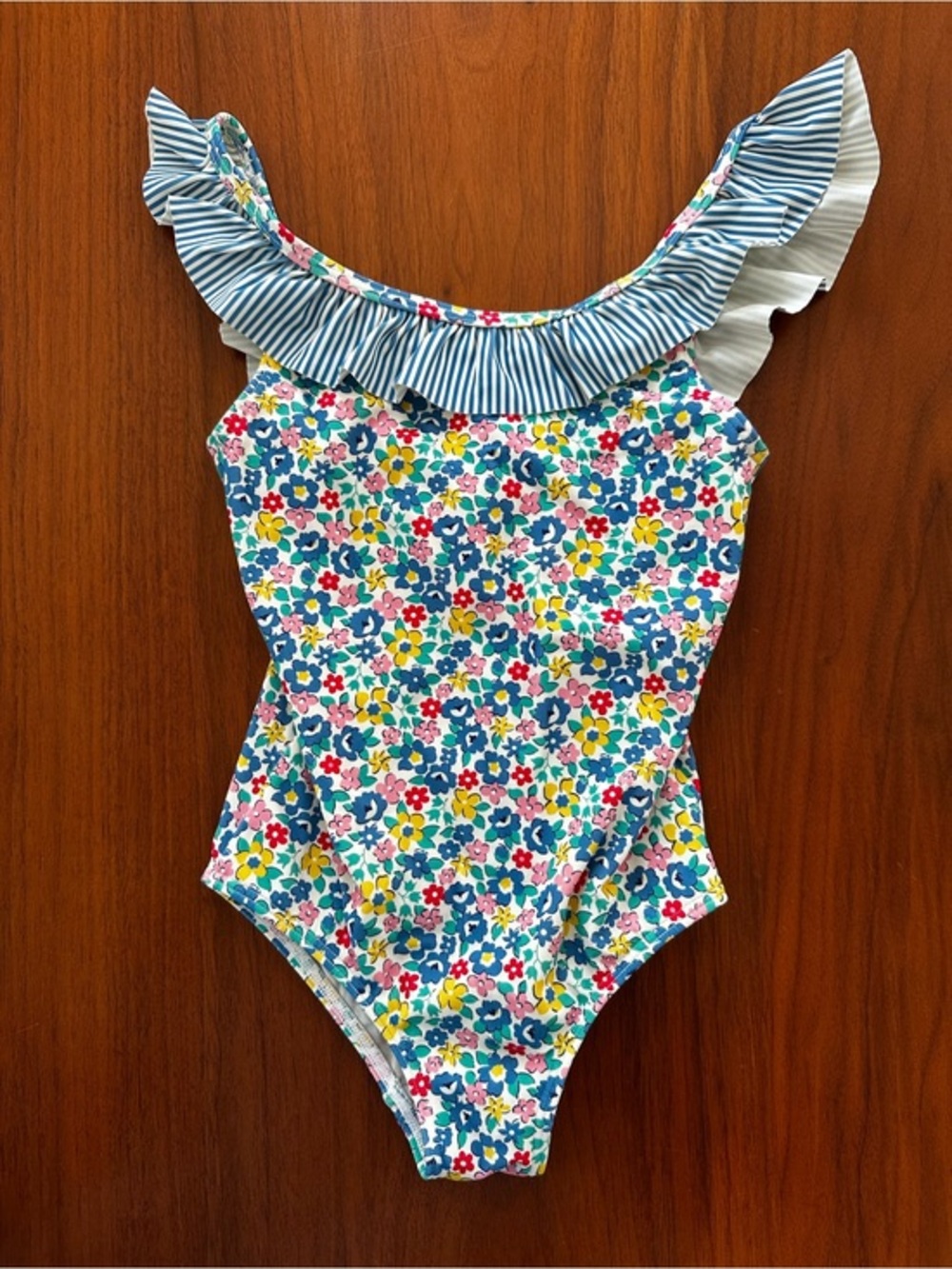 Mini Boden Girls Floral Ruffle One-Piece Swimsuit - Blue Multicolor size 4-5